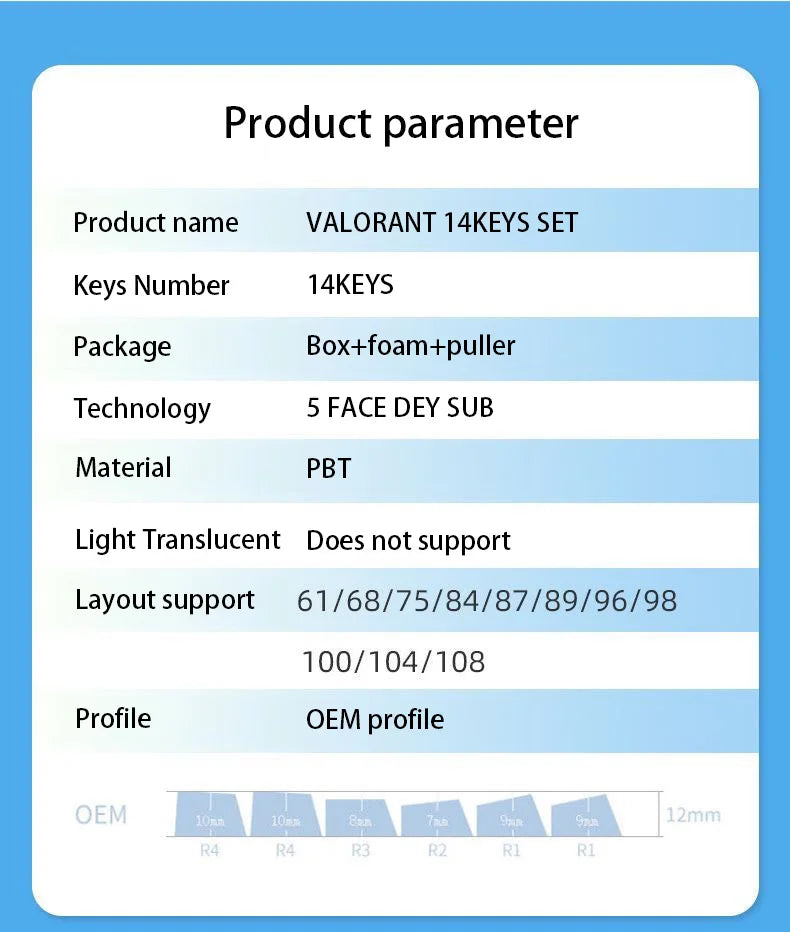 clove keycaps, Valorant Keycaps, OEM Profile, 14Keys Mini Set, PBT Dye Sub, New Design